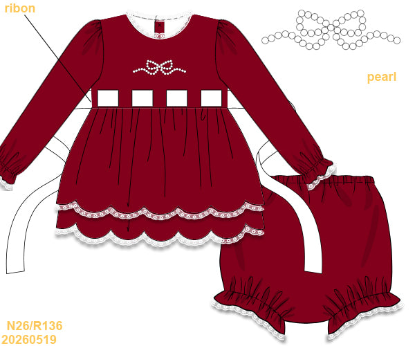 Pre-Order Red Velvet & Pearls Long Sleeves Diaper Set