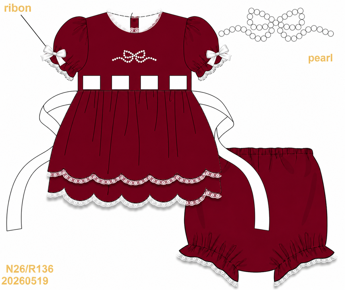 Pre-Order Red Velvet & Pearls Short Sleeves Diaper Set